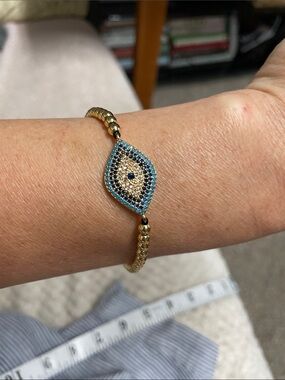 Gold beaded jeweled stone Evil Eye cord Bracelet- new